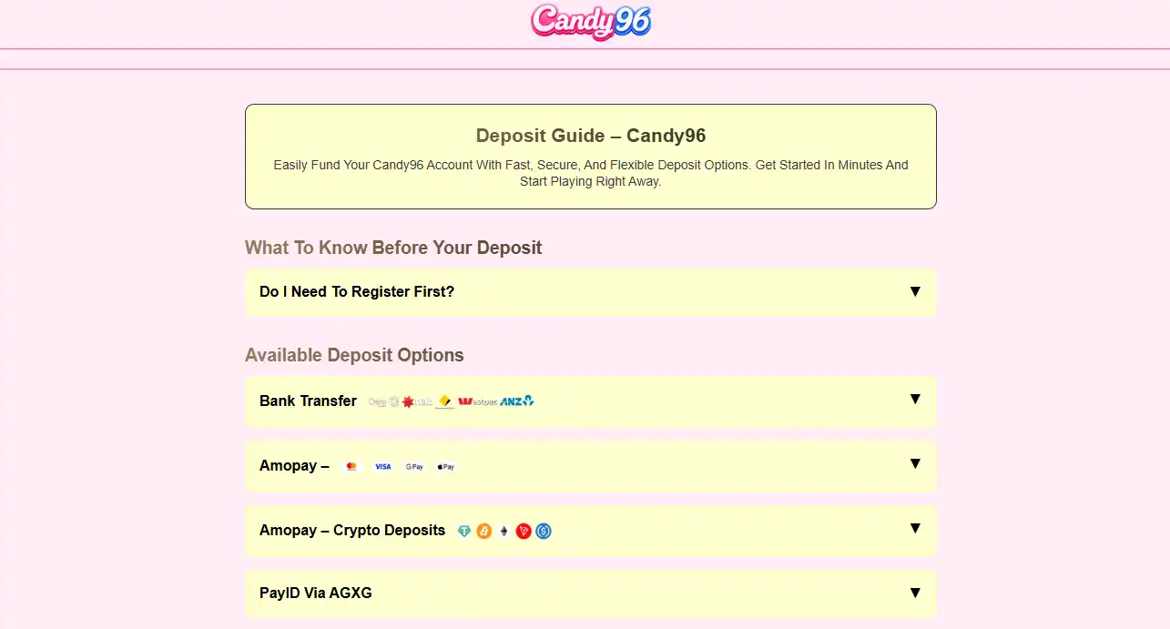Current view of Candy96 deposit information showing Australian payment options such as OSKO and PayID