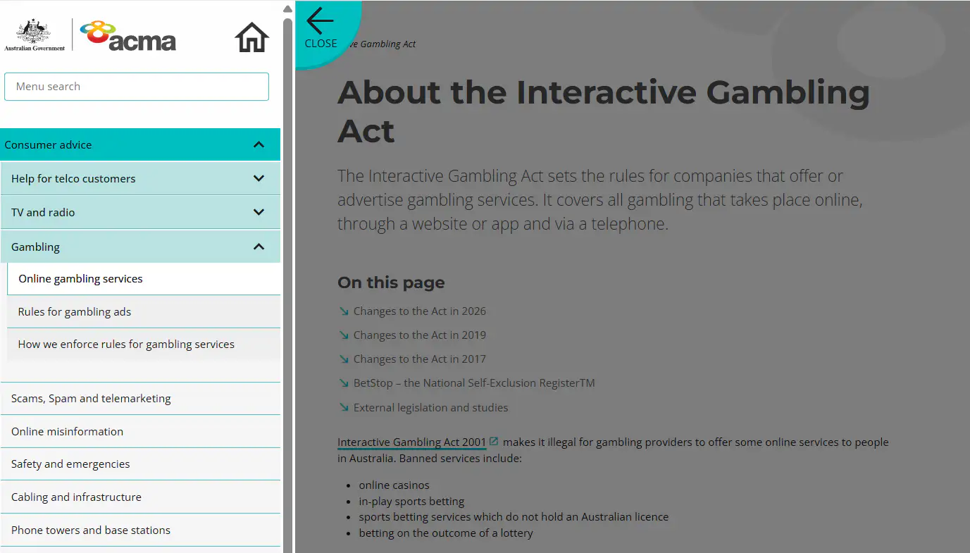 Current view of the ACMA Interactive Gambling Act page showing the provider-side online casino prohibition